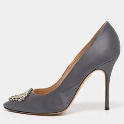 Manolo Blahnik Dark Grey Satin Crystal Embellished Pumps Size 39.5