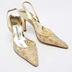 Pre Owned Manolo Blahnik Gold Embroidered Mesh Carolyne Slingback Pumps Size 41