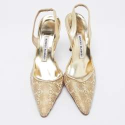 Pre Owned Manolo Blahnik Gold Embroidered Mesh Carolyne Slingback Pumps Size 41