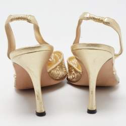 Pre Owned Manolo Blahnik Gold Embroidered Mesh Carolyne Slingback Pumps Size 41