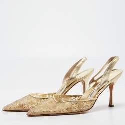 Pre Owned Manolo Blahnik Gold Embroidered Mesh Carolyne Slingback Pumps Size 41