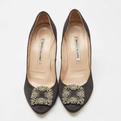 Pre Owned Manolo Blahnik Black Satin Hangisi Pumps Size 40