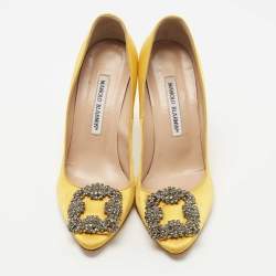 Pre Owned Manolo Blahnik Yellow Satin Hangisi Pumps Size 37