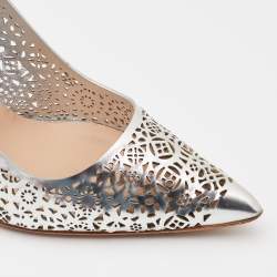 Pre Owned Manolo Blahink Silver Laser Cut Leather Pumps Size 39.5