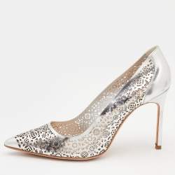 Pre Owned Manolo Blahink Silver Laser Cut Leather Pumps Size 39.5