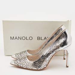 Pre Owned Manolo Blahink Silver Laser Cut Leather Pumps Size 39.5