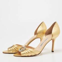 Pre Owned Manolo Blahnik Gold Leather Sedaraby Pumps Size 39