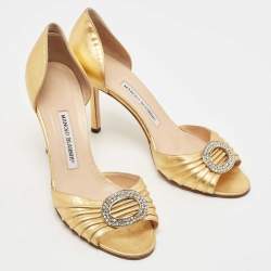 Pre Owned Manolo Blahnik Gold Leather Sedaraby Pumps Size 39