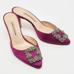 Pre Owned Manolo Blahnik Purple Satin Hangisimu Mules Size 37