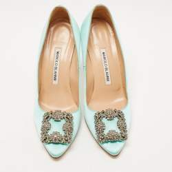 Pre Owned Manolo Blahnik Turquoise Satin Hangisi Pumps Size 36