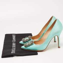 Pre Owned Manolo Blahnik Turquoise Satin Hangisi Pumps Size 36