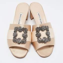 Pre Owned Manolo Blahnik Beige Satin Martamod Slide Sandals Size 41