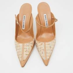 Pre Owned Manolo Blahnik Beige Leather and Tweed Slingback Sandals Size 40