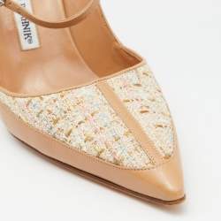 Pre Owned Manolo Blahnik Beige Leather and Tweed Slingback Sandals Size 40
