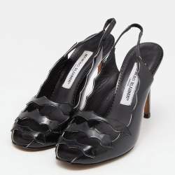 Pre Owned Manolo Blahnik Black Patent Leather Cut Out Slingback Sandals Size 38