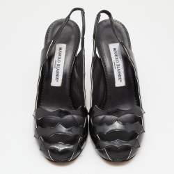 Pre Owned Manolo Blahnik Black Patent Leather Cut Out Slingback Sandals Size 38