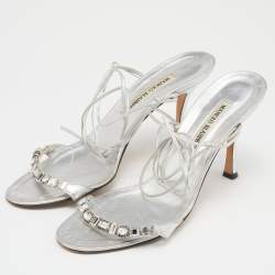 Pre Owned Manolo Blahnik Silver Foil Leather Crystal Embellished Ankle Wrap Sandals Size 39