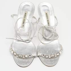 Pre Owned Manolo Blahnik Silver Foil Leather Crystal Embellished Ankle Wrap Sandals Size 39