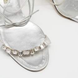 Pre Owned Manolo Blahnik Silver Foil Leather Crystal Embellished Ankle Wrap Sandals Size 39