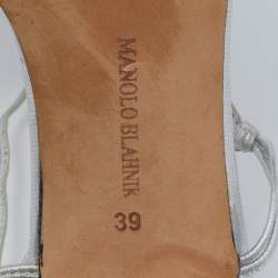 Pre Owned Manolo Blahnik Silver Foil Leather Crystal Embellished Ankle Wrap Sandals Size 39