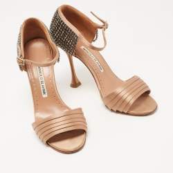 Pre Owned Manolo Blahnik Beige Satin Sidina Sandals Size 37.5