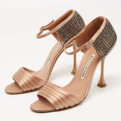 Pre Owned Manolo Blahnik Beige Satin Sidina Sandals Size 37.5