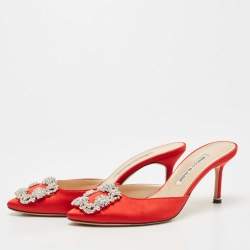 Manolo Blahnik Red Satin Hangisimu Mules Size 37.5