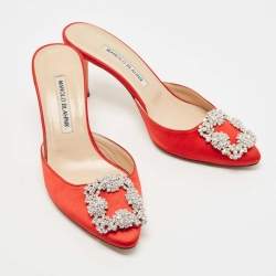 Manolo Blahnik Red Satin Hangisimu Mules Size 37.5