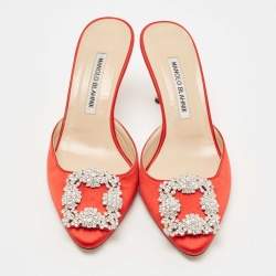 Manolo Blahnik Red Satin Hangisimu Mules Size 37.5