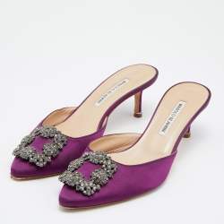 Manolo Blahnik Purple Satin Hangisimu Slide Sandals Size 38
