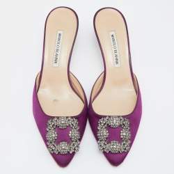 Manolo Blahnik Purple Satin Hangisimu Slide Sandals Size 38