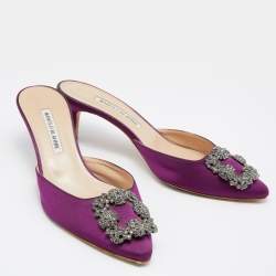 Manolo Blahnik Purple Satin Hangisimu Slide Sandals Size 38