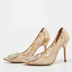 Pre Owned Manolo Blahnik Beige Lace and Satin Hangisi Pumps Size 40