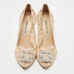 Pre Owned Manolo Blahnik Beige Lace and Satin Hangisi Pumps Size 40