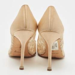 Pre Owned Manolo Blahnik Beige Lace and Satin Hangisi Pumps Size 40
