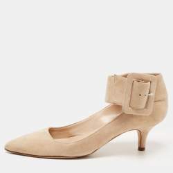 Manolo Blahnik Beige Suede Pointed Toe Ankle Strap Pumps Size 37.5