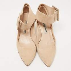 Manolo Blahnik Beige Suede Pointed Toe Ankle Strap Pumps Size 37.5