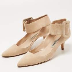 Manolo Blahnik Beige Suede Pointed Toe Ankle Strap Pumps Size 37.5