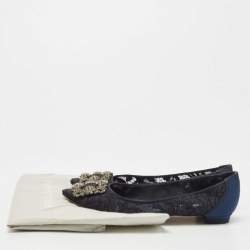 Pre Owned Manolo Blahnik Navy Blue Lace and Satin Hangisi Ballet Flats Size 37.5