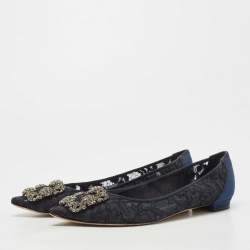 Pre Owned Manolo Blahnik Navy Blue Lace and Satin Hangisi Ballet Flats Size 37.5