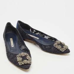 Pre Owned Manolo Blahnik Navy Blue Lace and Satin Hangisi Ballet Flats Size 37.5