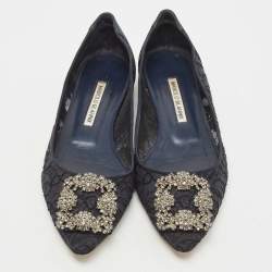 Pre Owned Manolo Blahnik Navy Blue Lace and Satin Hangisi Ballet Flats Size 37.5