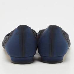 Pre Owned Manolo Blahnik Navy Blue Lace and Satin Hangisi Ballet Flats Size 37.5