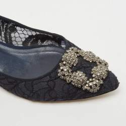 Pre Owned Manolo Blahnik Navy Blue Lace and Satin Hangisi Ballet Flats Size 37.5