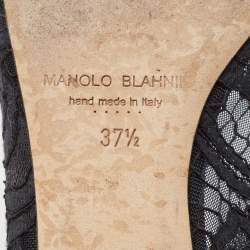 Pre Owned Manolo Blahnik Navy Blue Lace and Satin Hangisi Ballet Flats Size 37.5