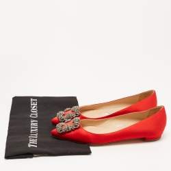 Pre Owned Manolo Blahnik Red Satin Hangisi Ballet Flats Size 35.5