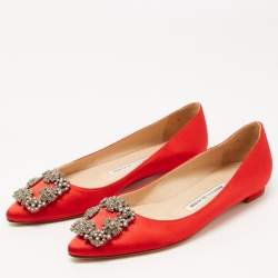 Pre Owned Manolo Blahnik Red Satin Hangisi Ballet Flats Size 35.5