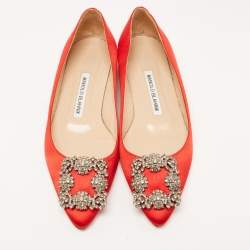 Pre Owned Manolo Blahnik Red Satin Hangisi Ballet Flats Size 35.5
