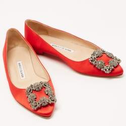Pre Owned Manolo Blahnik Red Satin Hangisi Ballet Flats Size 35.5