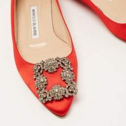Pre Owned Manolo Blahnik Red Satin Hangisi Ballet Flats Size 35.5